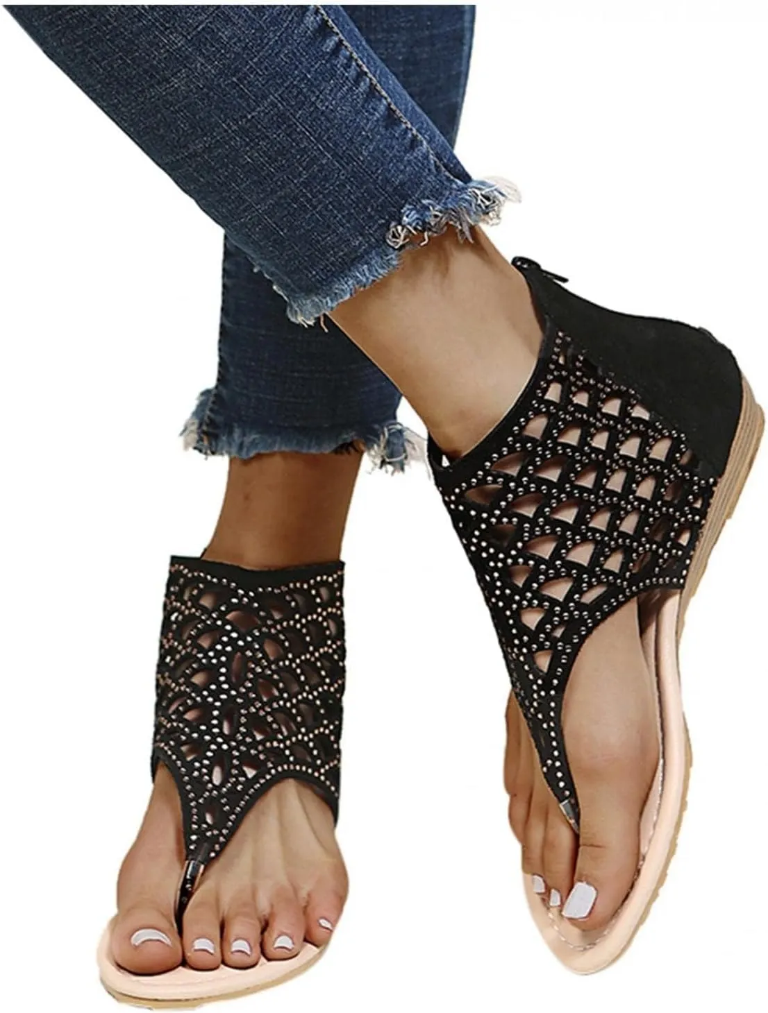 ZHOUYF T-Strap Flat Sandals for Women Rhinestone Bohemian Beach Sandals Summer Hollow Out Flip Flops Roman Gladiator Sandals
