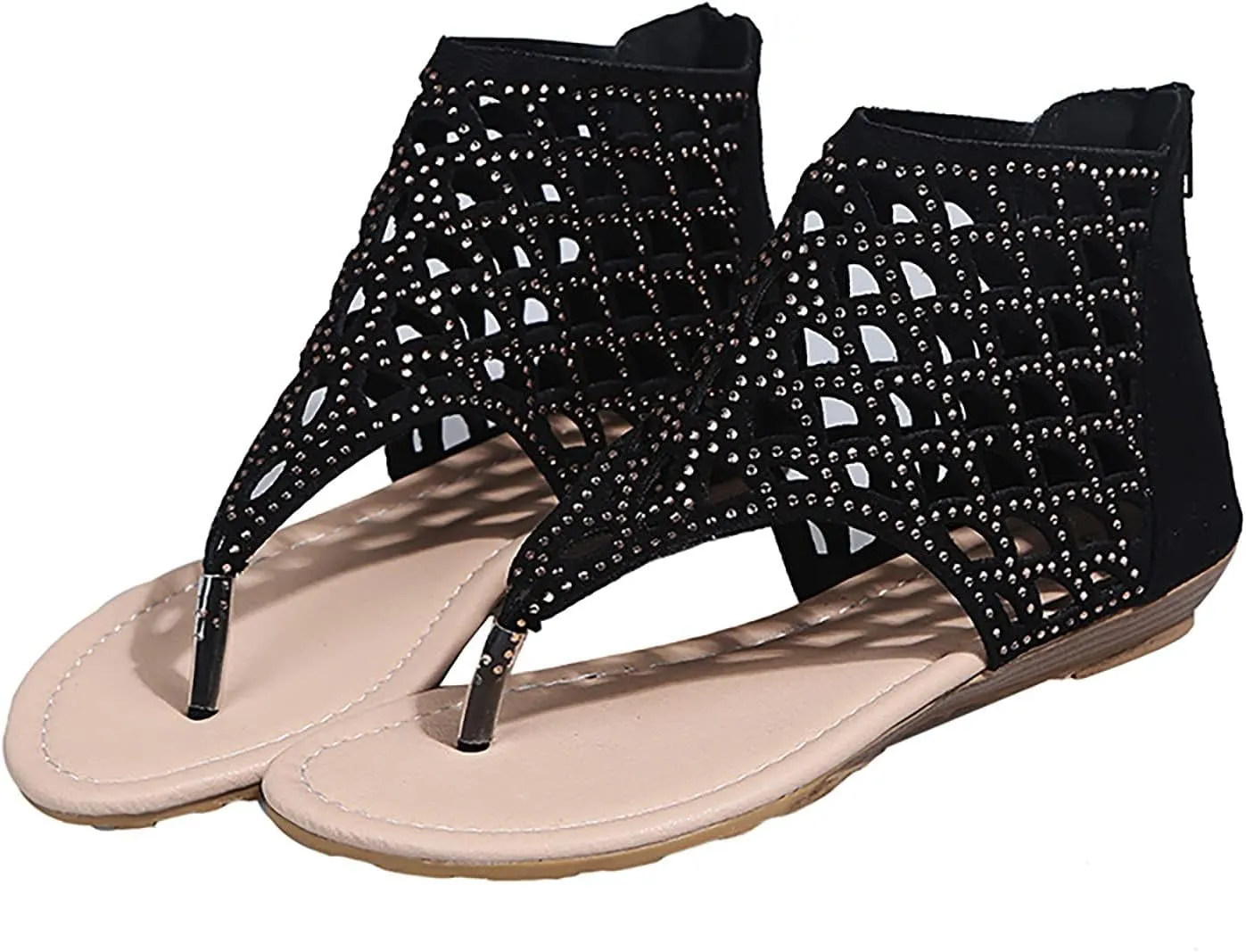 ZHOUYF T-Strap Flat Sandals for Women Rhinestone Bohemian Beach Sandals Summer Hollow Out Flip Flops Roman Gladiator Sandals