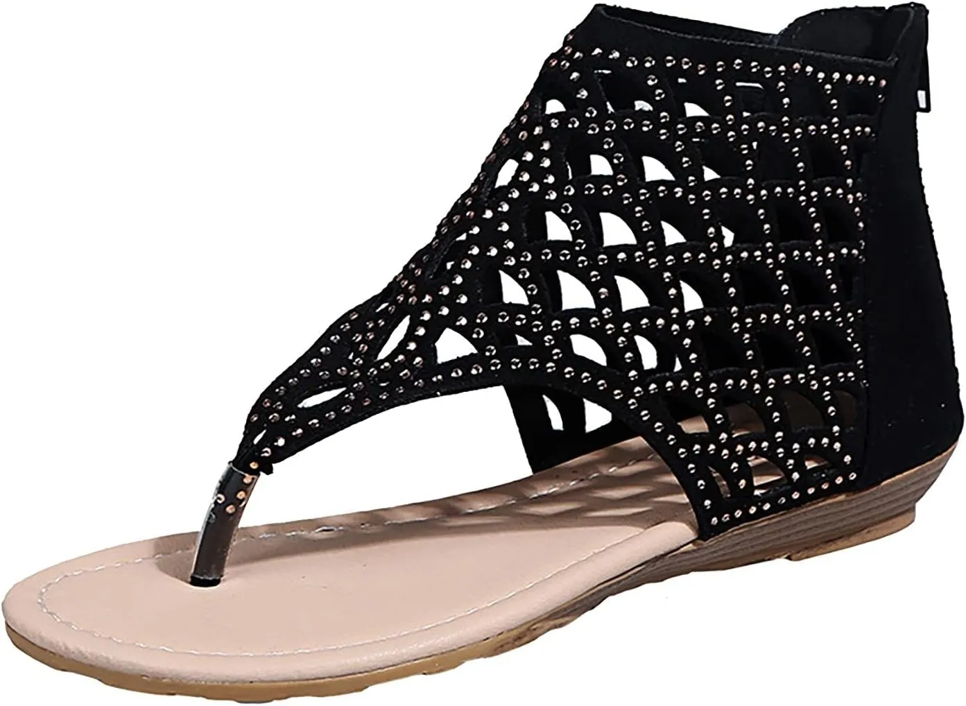 ZHOUYF T-Strap Flat Sandals for Women Rhinestone Bohemian Beach Sandals Summer Hollow Out Flip Flops Roman Gladiator Sandals